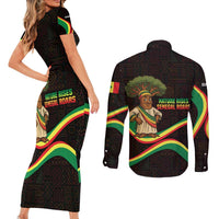 Senegal Tribal Pattern Couples Matching Short Sleeve Bodycon Dress and Long Sleeve Button Shirt Baobab Character and Red Yellow Green Flag Theme Design - Wonder Print Shop
