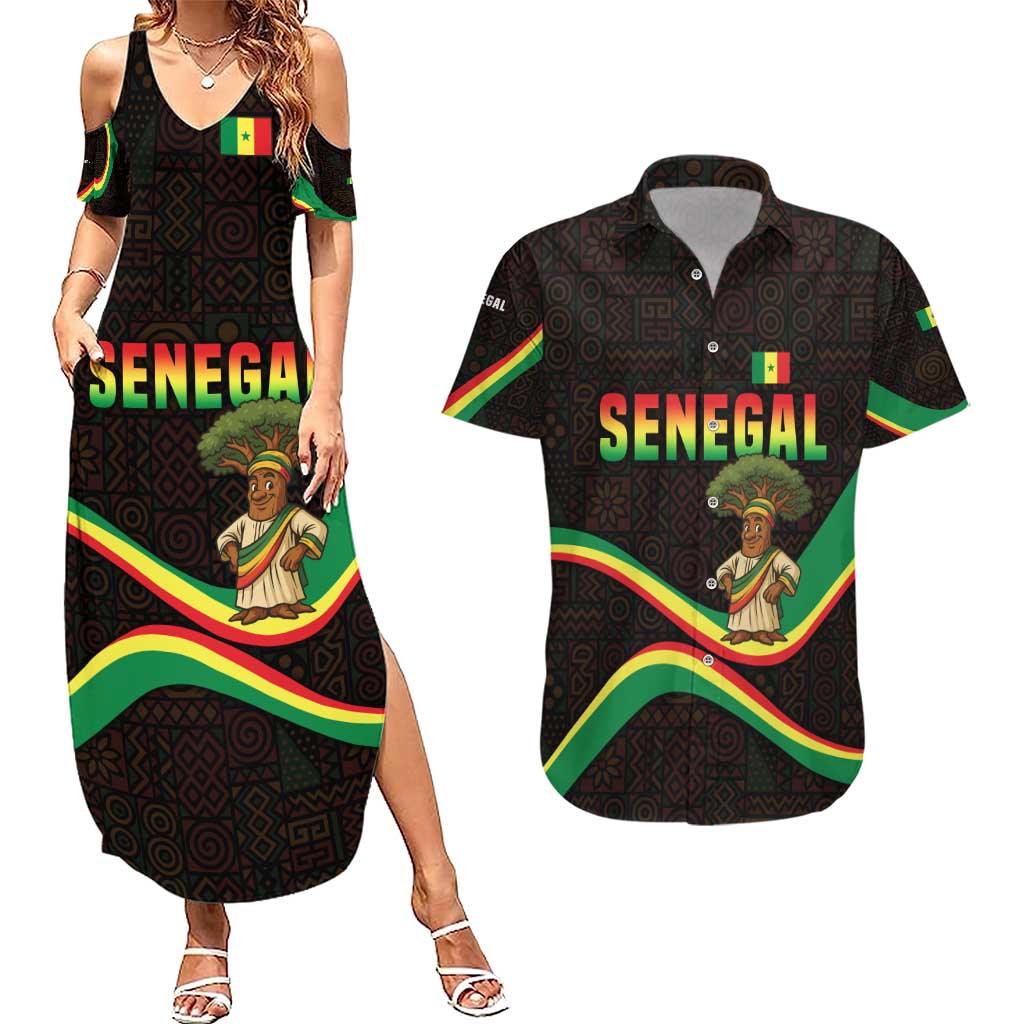 Senegal Tribal Pattern Couples Matching Summer Maxi Dress and Hawaiian Shirt Baobab Character and Red Yellow Green Flag Theme Design - Wonder Print Shop