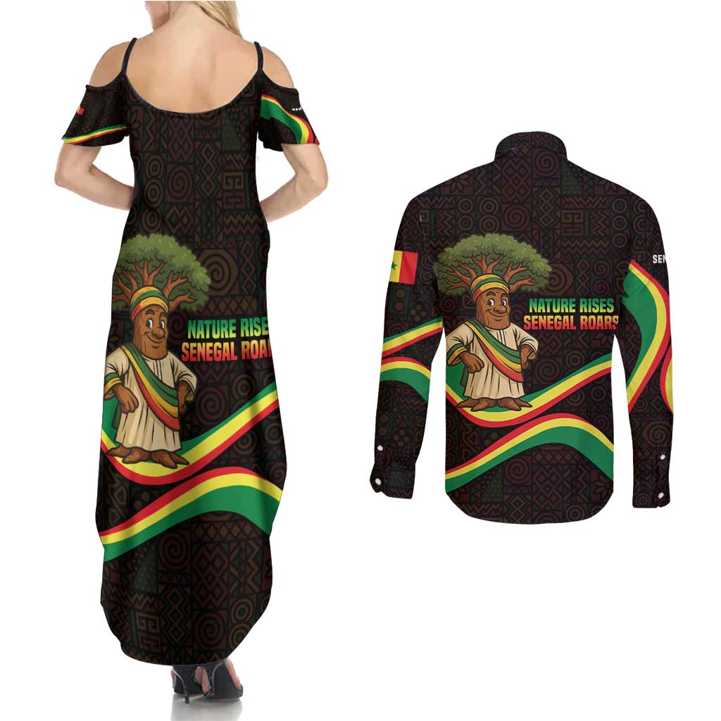 Senegal Tribal Pattern Couples Matching Summer Maxi Dress and Long Sleeve Button Shirt Baobab Character and Red Yellow Green Flag Theme Design - Wonder Print Shop