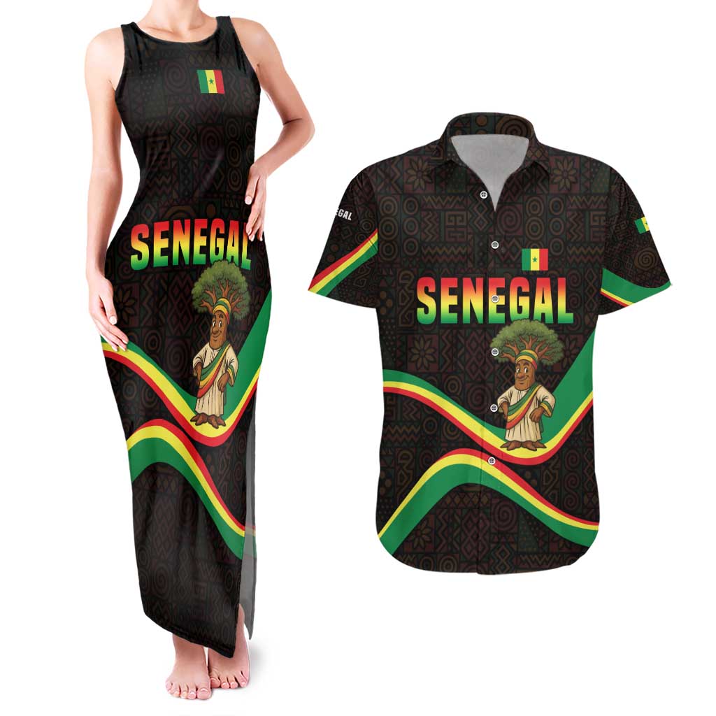Senegal Tribal Pattern Couples Matching Tank Maxi Dress and Hawaiian Shirt Baobab Character and Red Yellow Green Flag Theme Design - Wonder Print Shop