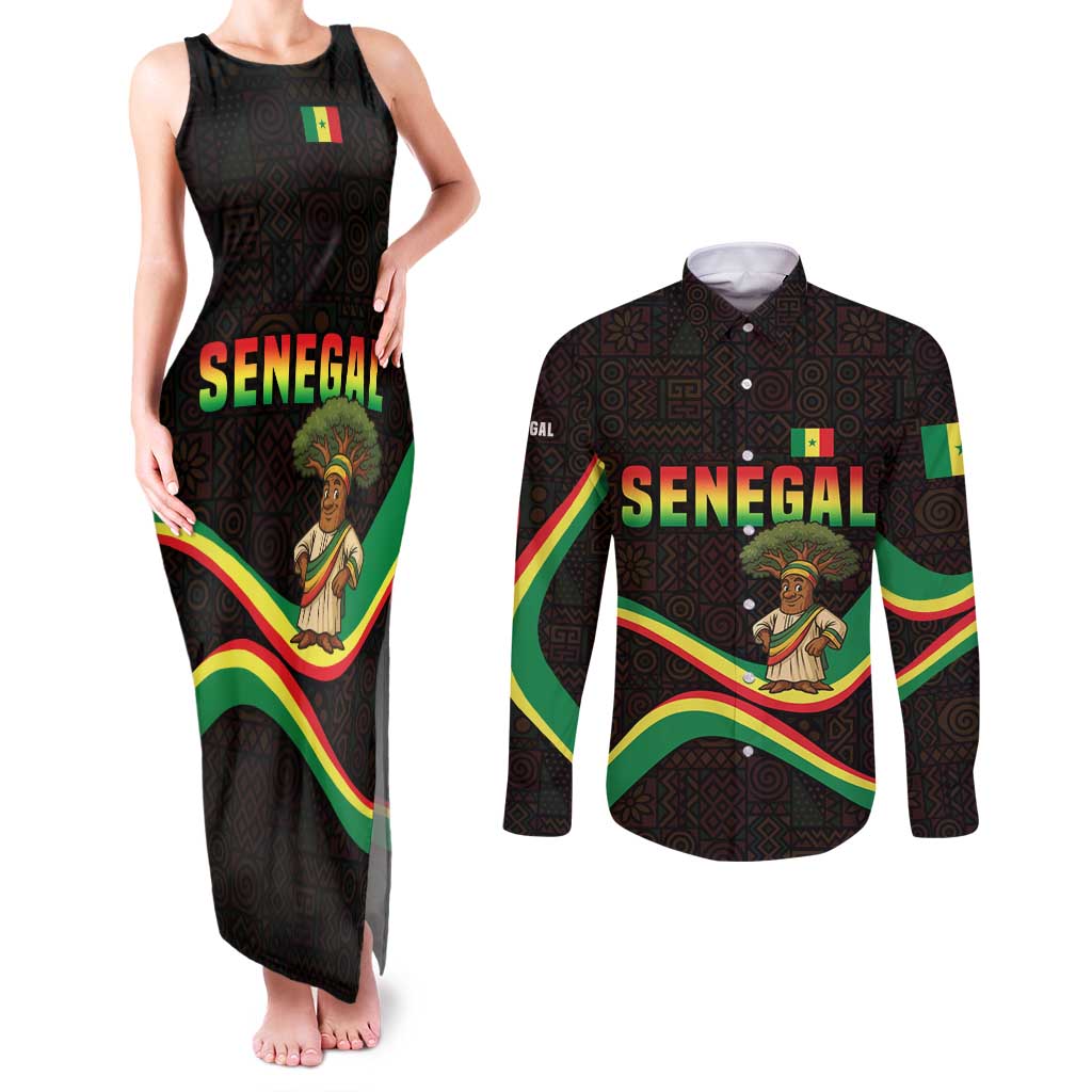 Senegal Tribal Pattern Couples Matching Tank Maxi Dress and Long Sleeve Button Shirt Baobab Character and Red Yellow Green Flag Theme Design - Wonder Print Shop