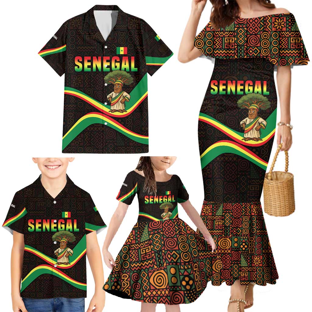Senegal Tribal Pattern Family Matching Mermaid Dress and Hawaiian Shirt Baobab Character and Red Yellow Green Flag Theme Design - Wonder Print Shop