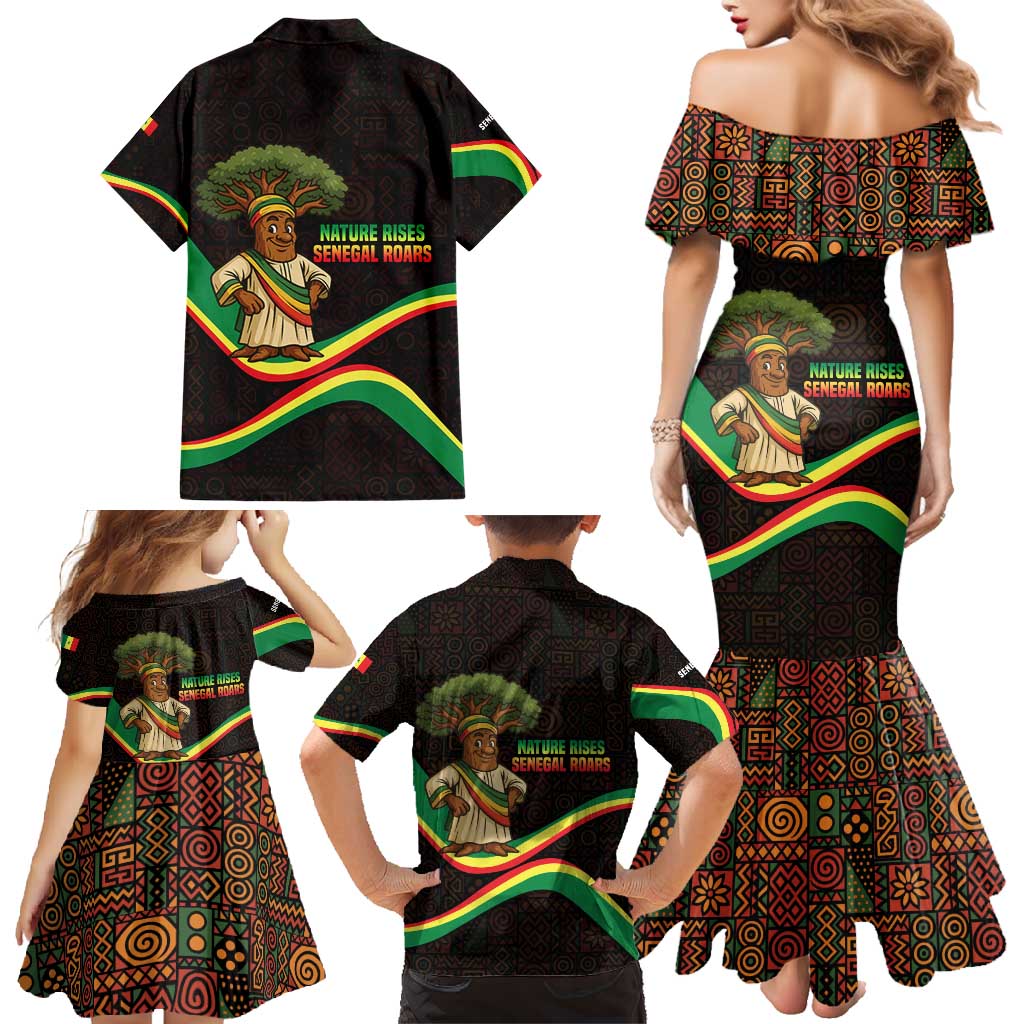 Senegal Tribal Pattern Family Matching Mermaid Dress and Hawaiian Shirt Baobab Character and Red Yellow Green Flag Theme Design - Wonder Print Shop
