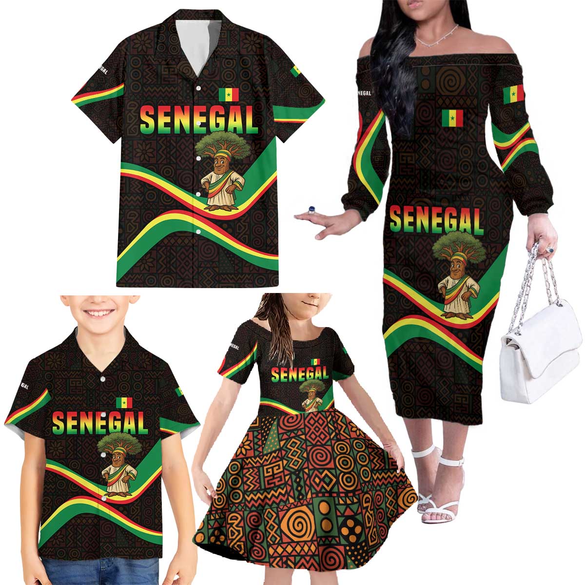 Senegal Tribal Pattern Family Matching Off The Shoulder Long Sleeve Dress and Hawaiian Shirt Baobab Character and Red Yellow Green Flag Theme Design - Wonder Print Shop