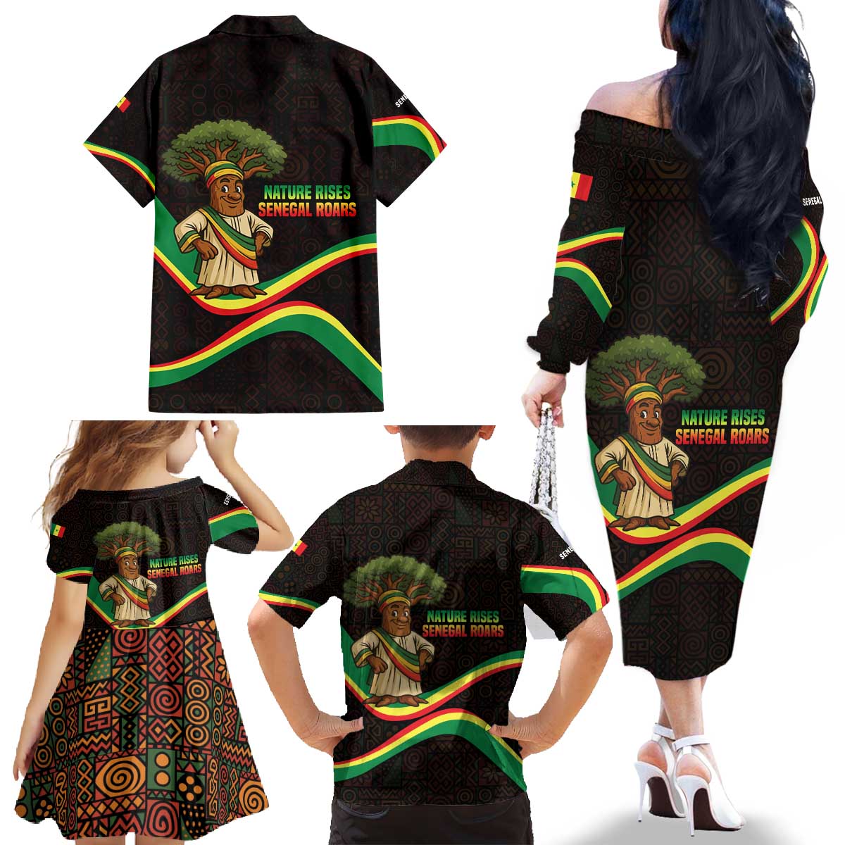 Senegal Tribal Pattern Family Matching Off The Shoulder Long Sleeve Dress and Hawaiian Shirt Baobab Character and Red Yellow Green Flag Theme Design - Wonder Print Shop