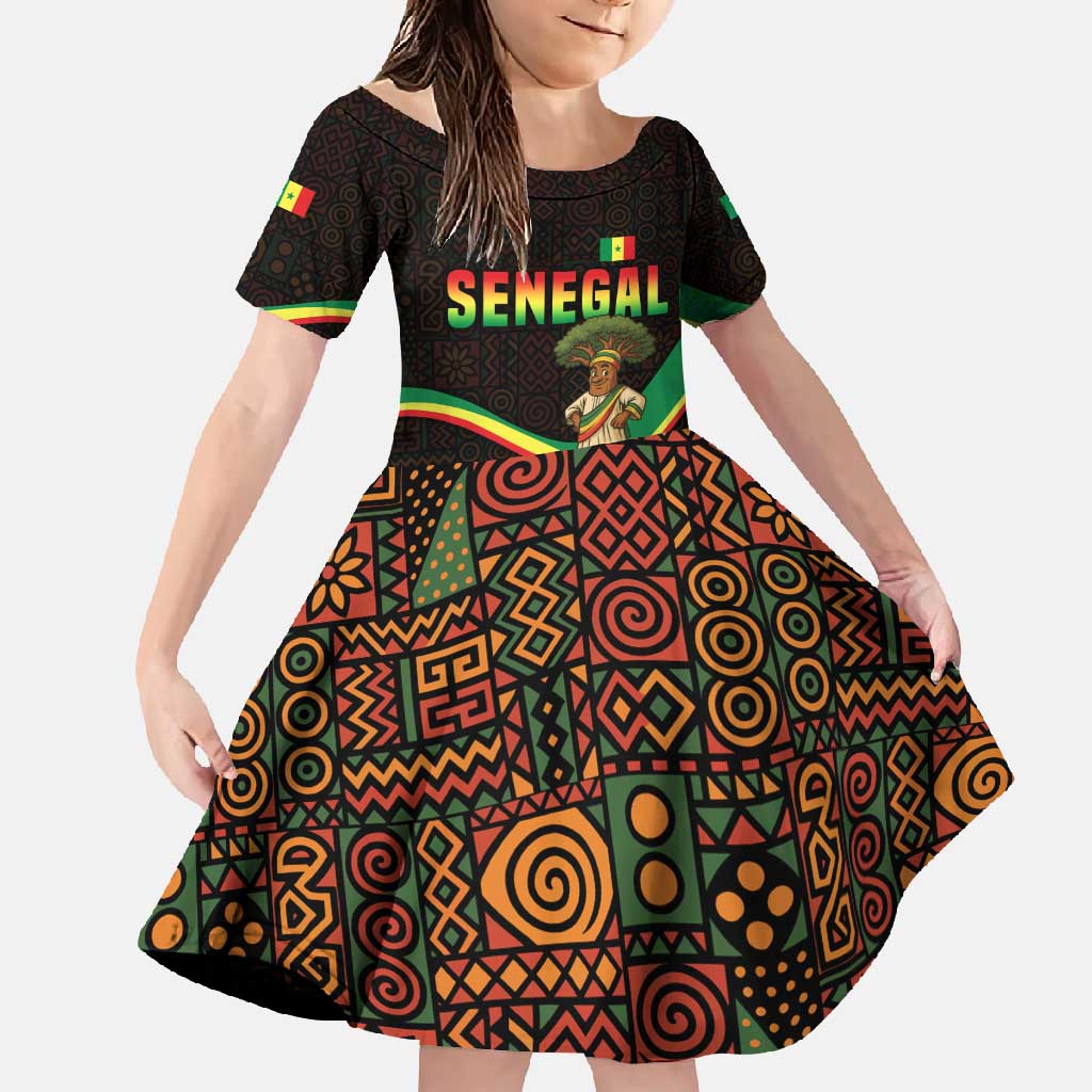 Senegal Tribal Pattern Family Matching Off Shoulder Maxi Dress and Hawaiian Shirt Baobab Character and Red Yellow Green Flag Theme Design - Wonder Print Shop