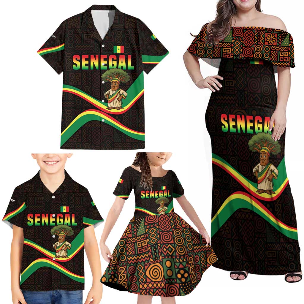 Senegal Tribal Pattern Family Matching Off Shoulder Maxi Dress and Hawaiian Shirt Baobab Character and Red Yellow Green Flag Theme Design - Wonder Print Shop