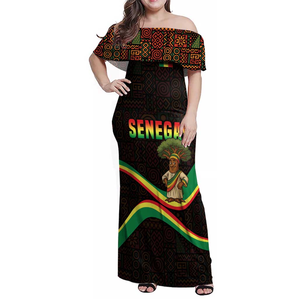 Senegal Tribal Pattern Family Matching Off Shoulder Maxi Dress and Hawaiian Shirt Baobab Character and Red Yellow Green Flag Theme Design - Wonder Print Shop