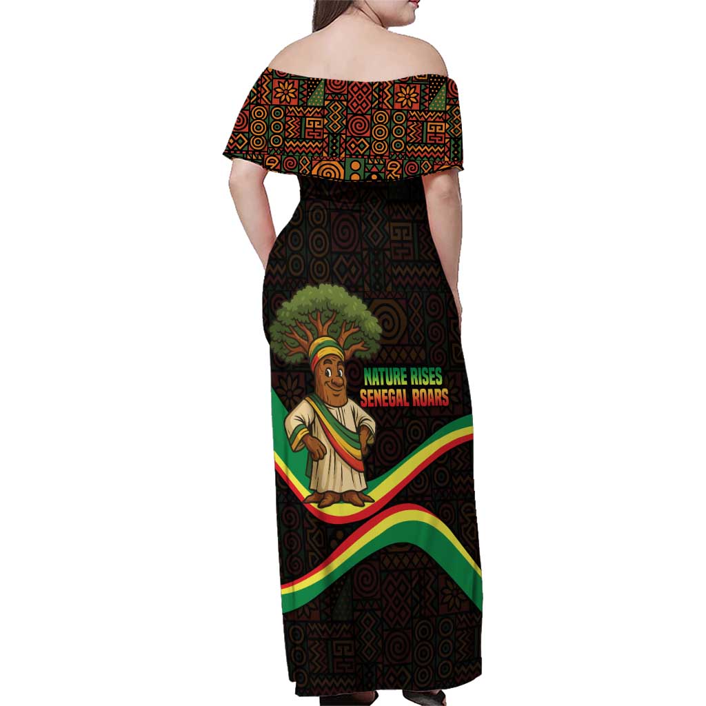 Senegal Tribal Pattern Family Matching Off Shoulder Maxi Dress and Hawaiian Shirt Baobab Character and Red Yellow Green Flag Theme Design - Wonder Print Shop
