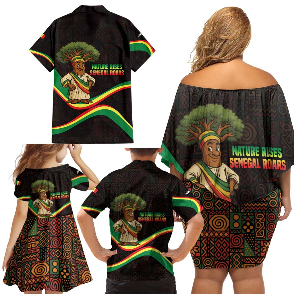 Senegal Tribal Pattern Family Matching Off Shoulder Short Dress and Hawaiian Shirt Baobab Character and Red Yellow Green Flag Theme Design - Wonder Print Shop