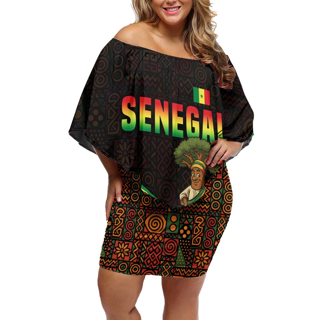 Senegal Tribal Pattern Family Matching Off Shoulder Short Dress and Hawaiian Shirt Baobab Character and Red Yellow Green Flag Theme Design - Wonder Print Shop