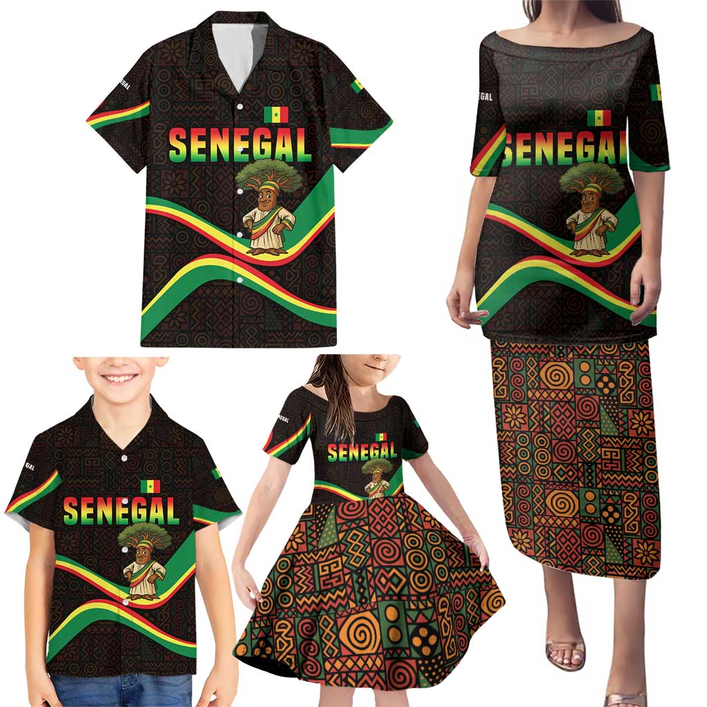 Senegal Tribal Pattern Family Matching Puletasi and Hawaiian Shirt Baobab Character and Red Yellow Green Flag Theme Design - Wonder Print Shop