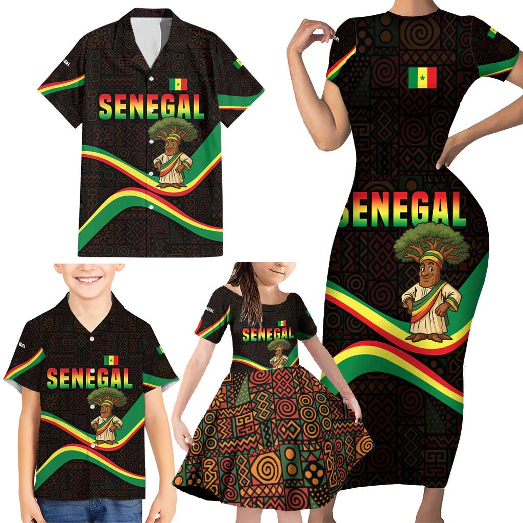 Senegal Tribal Pattern Family Matching Short Sleeve Bodycon Dress and Hawaiian Shirt Baobab Character and Red Yellow Green Flag Theme Design - Wonder Print Shop