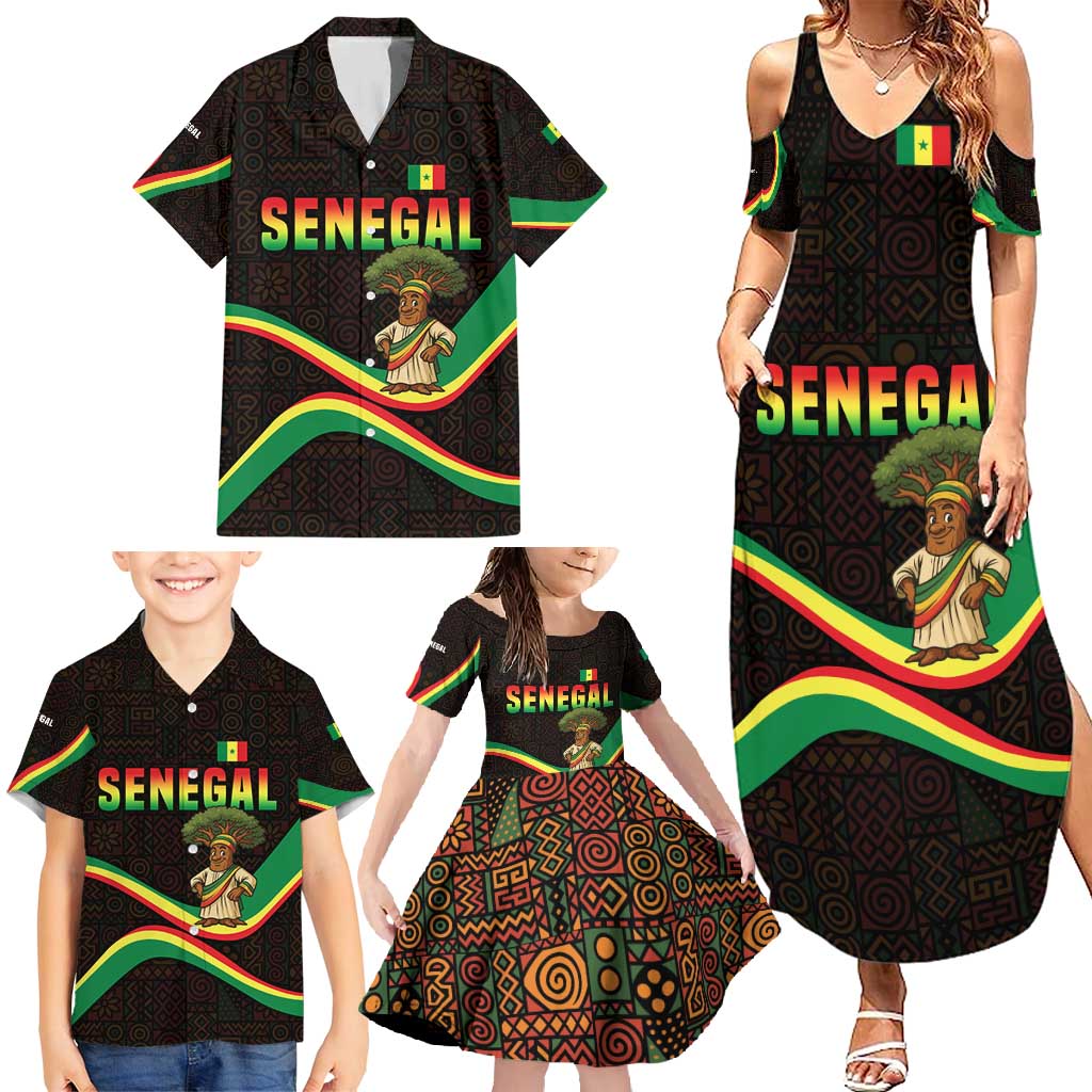 Senegal Tribal Pattern Family Matching Summer Maxi Dress and Hawaiian Shirt Baobab Character and Red Yellow Green Flag Theme Design - Wonder Print Shop