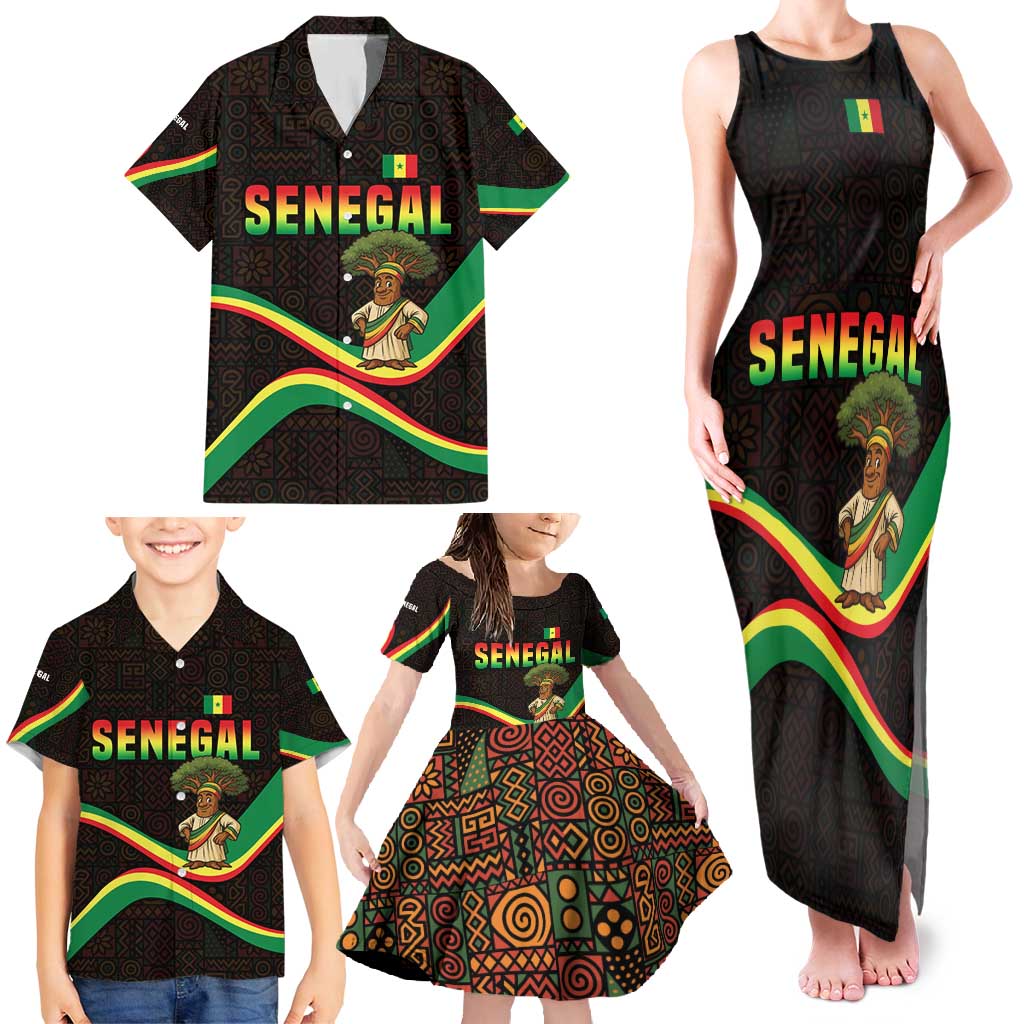 Senegal Tribal Pattern Family Matching Tank Maxi Dress and Hawaiian Shirt Baobab Character and Red Yellow Green Flag Theme Design - Wonder Print Shop