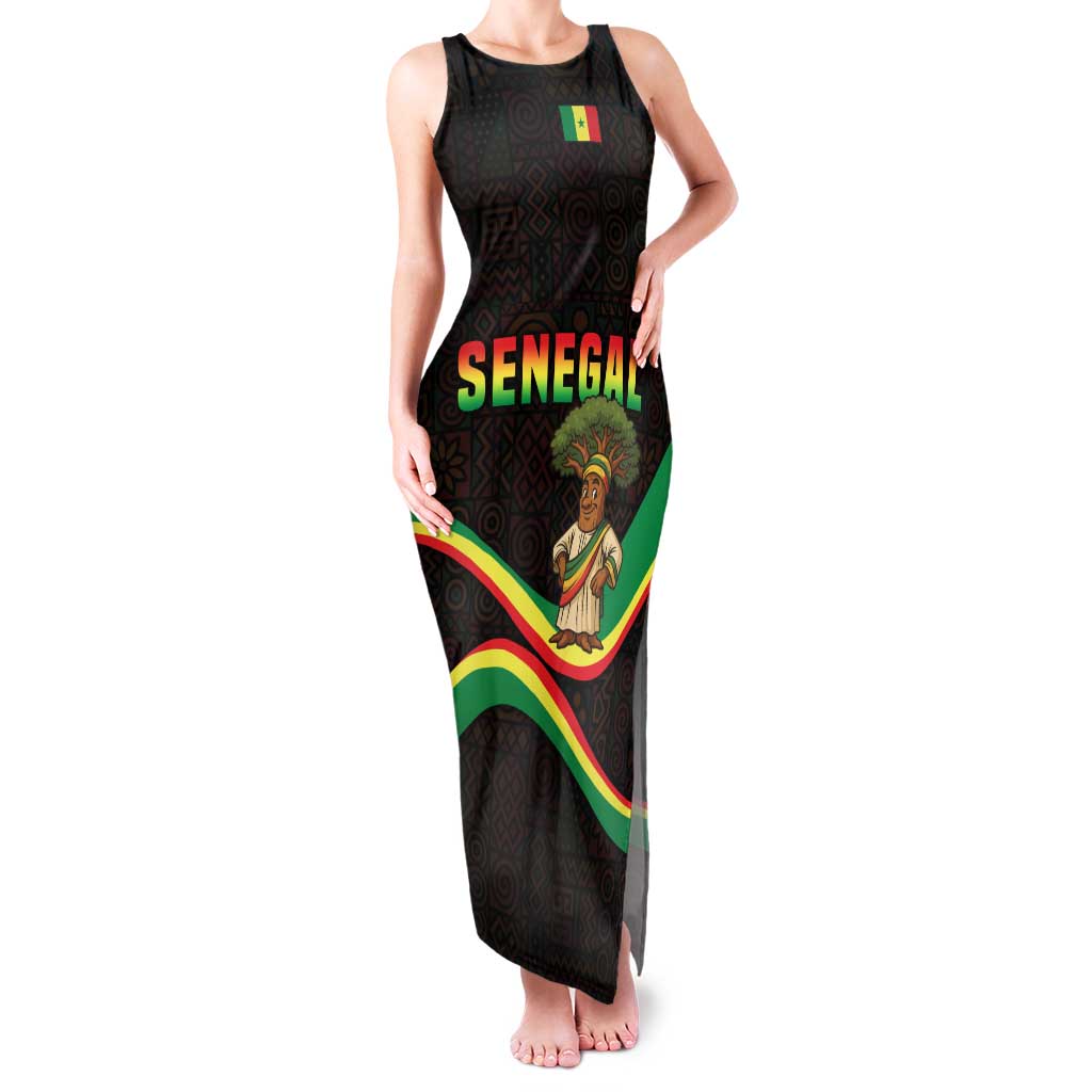 Senegal Tribal Pattern Family Matching Tank Maxi Dress and Hawaiian Shirt Baobab Character and Red Yellow Green Flag Theme Design - Wonder Print Shop