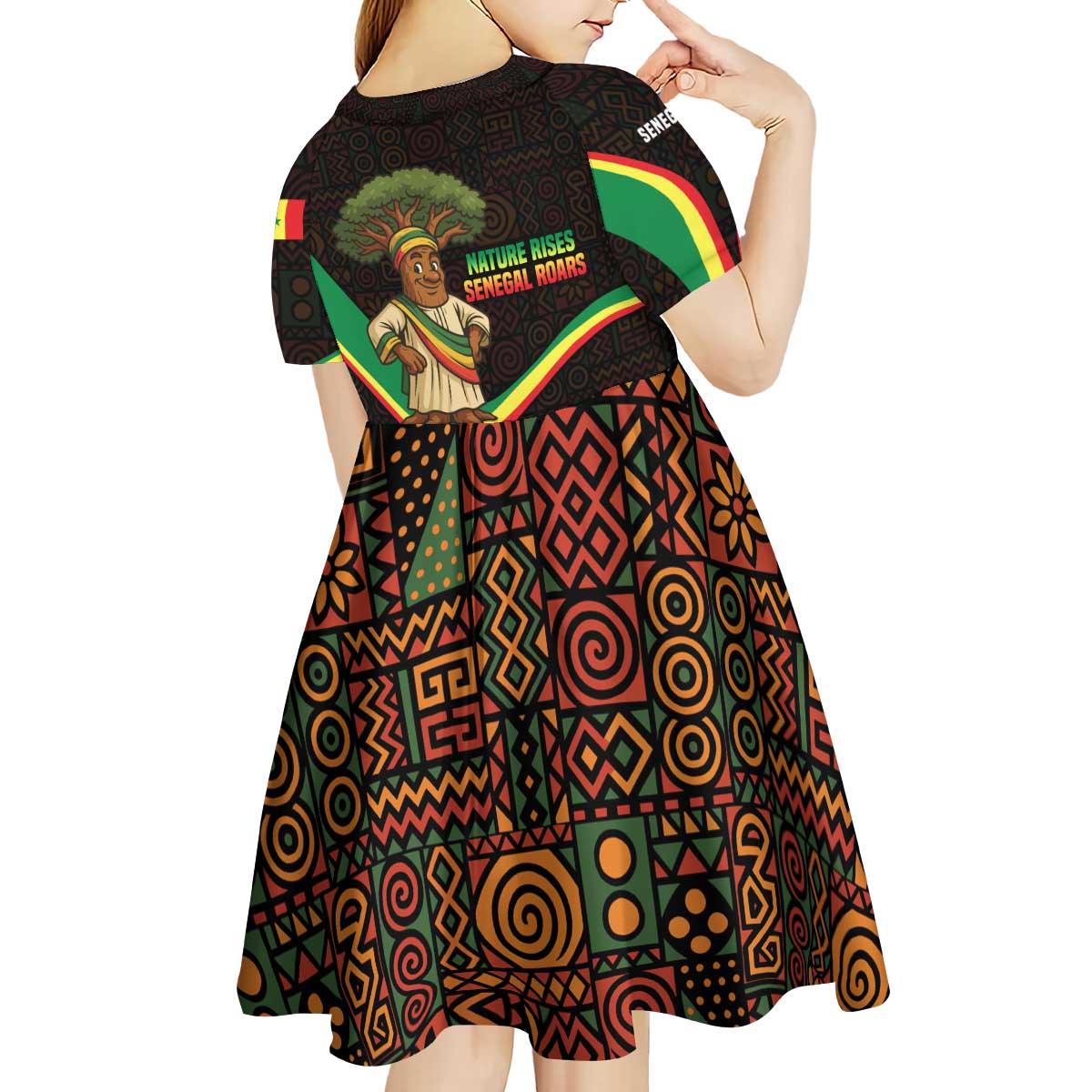 Senegal Tribal Pattern Kid Short Sleeve Dress Baobab Character and Red Yellow Green Flag Theme Design - Wonder Print Shop