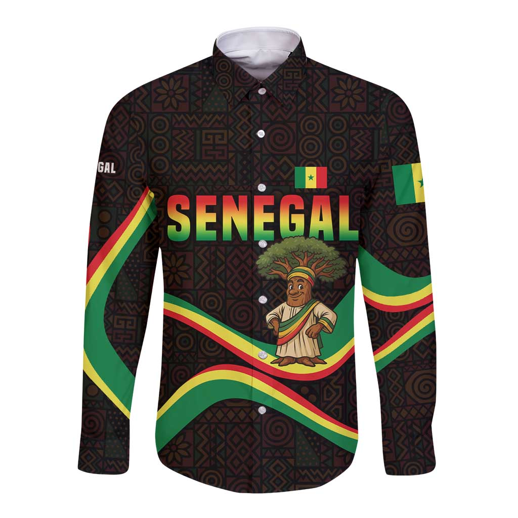 Senegal Tribal Pattern Long Sleeve Button Shirt Baobab Character and Red Yellow Green Flag Theme Design - Wonder Print Shop