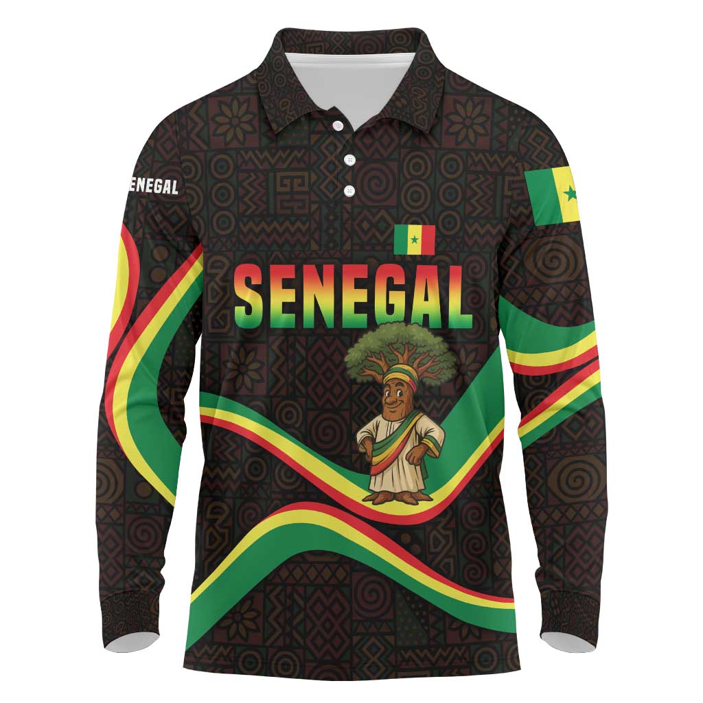 Senegal Tribal Pattern Long Sleeve Polo Shirt Baobab Character and Red Yellow Green Flag Theme Design - Wonder Print Shop