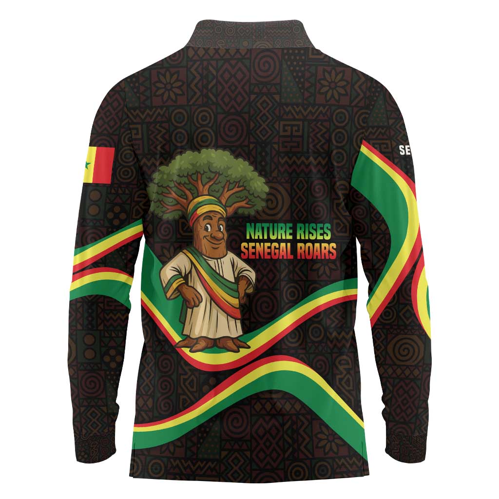Senegal Tribal Pattern Long Sleeve Polo Shirt Baobab Character and Red Yellow Green Flag Theme Design - Wonder Print Shop
