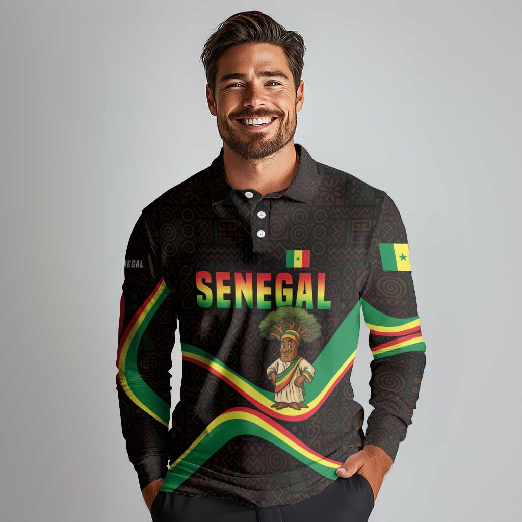 Senegal Tribal Pattern Long Sleeve Polo Shirt Baobab Character and Red Yellow Green Flag Theme Design - Wonder Print Shop