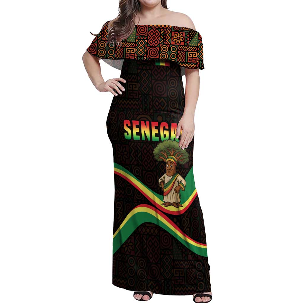 Senegal Tribal Pattern Off Shoulder Maxi Dress Baobab Character and Red Yellow Green Flag Theme Design - Wonder Print Shop