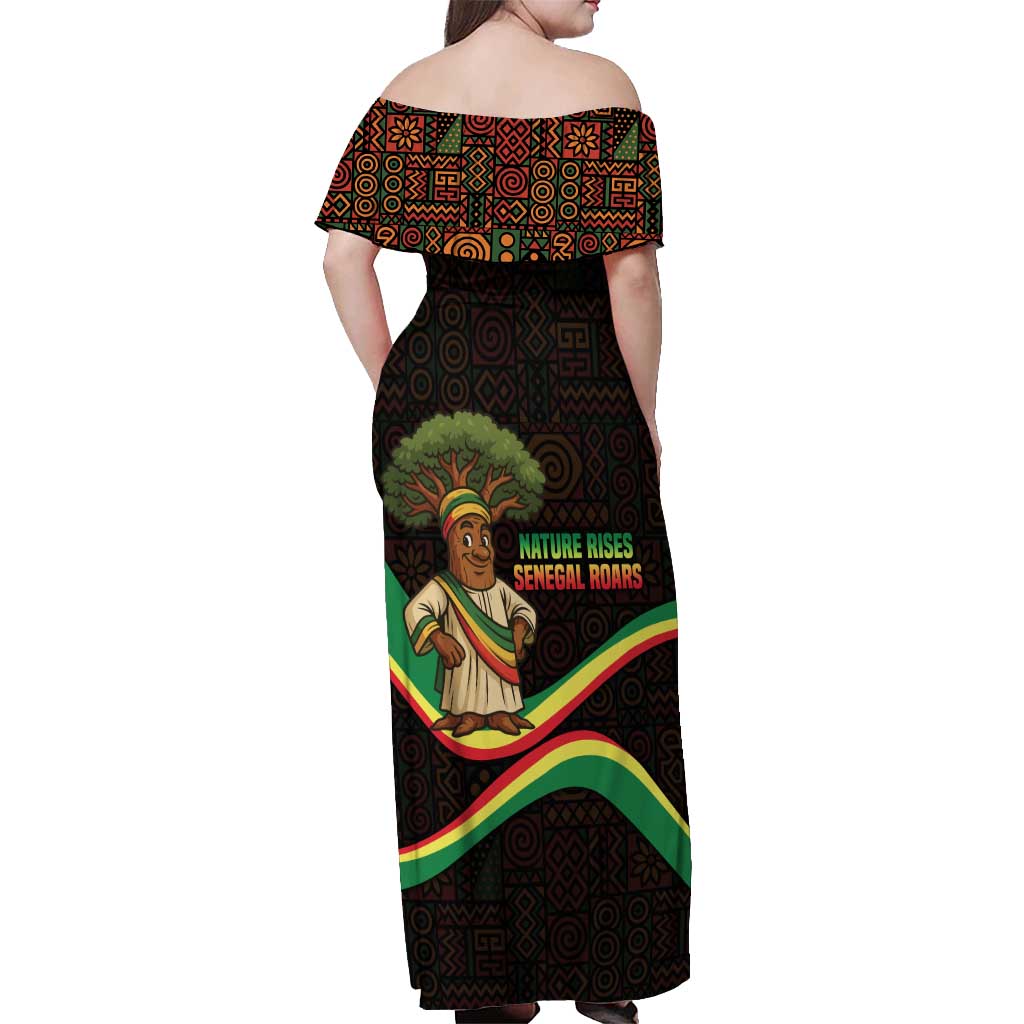 Senegal Tribal Pattern Off Shoulder Maxi Dress Baobab Character and Red Yellow Green Flag Theme Design - Wonder Print Shop