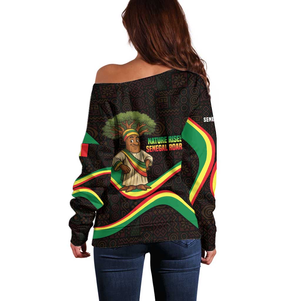 Senegal Tribal Pattern Off Shoulder Sweater Baobab Character and Red Yellow Green Flag Theme Design - Wonder Print Shop