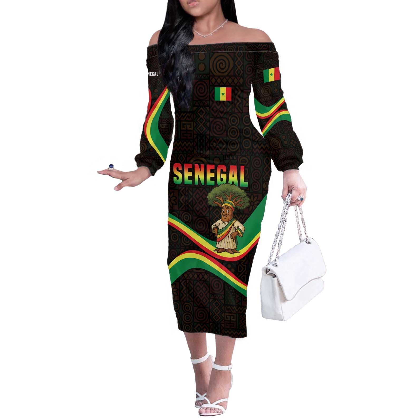 Senegal Tribal Pattern Off The Shoulder Long Sleeve Dress Baobab Character and Red Yellow Green Flag Theme Design - Wonder Print Shop