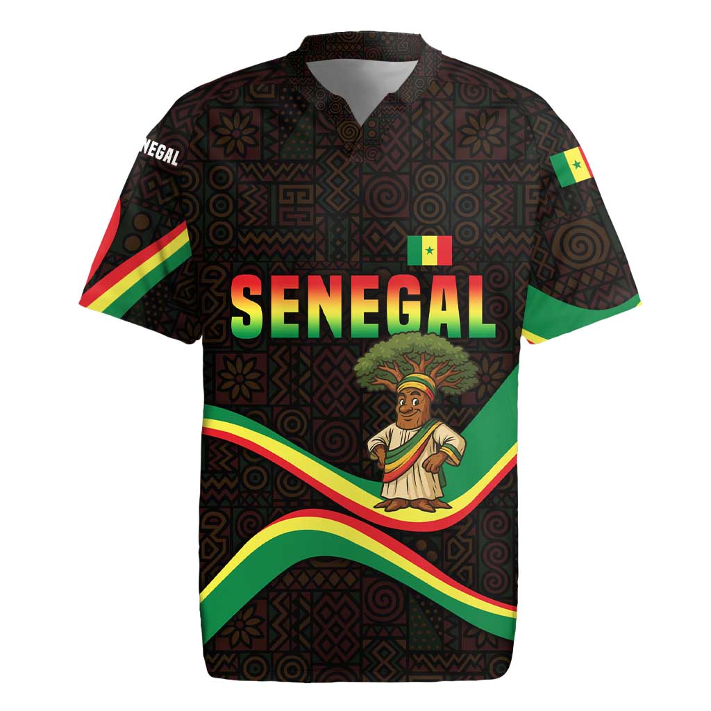 Senegal Tribal Pattern Rugby Jersey Baobab Character and Red Yellow Green Flag Theme Design - Wonder Print Shop