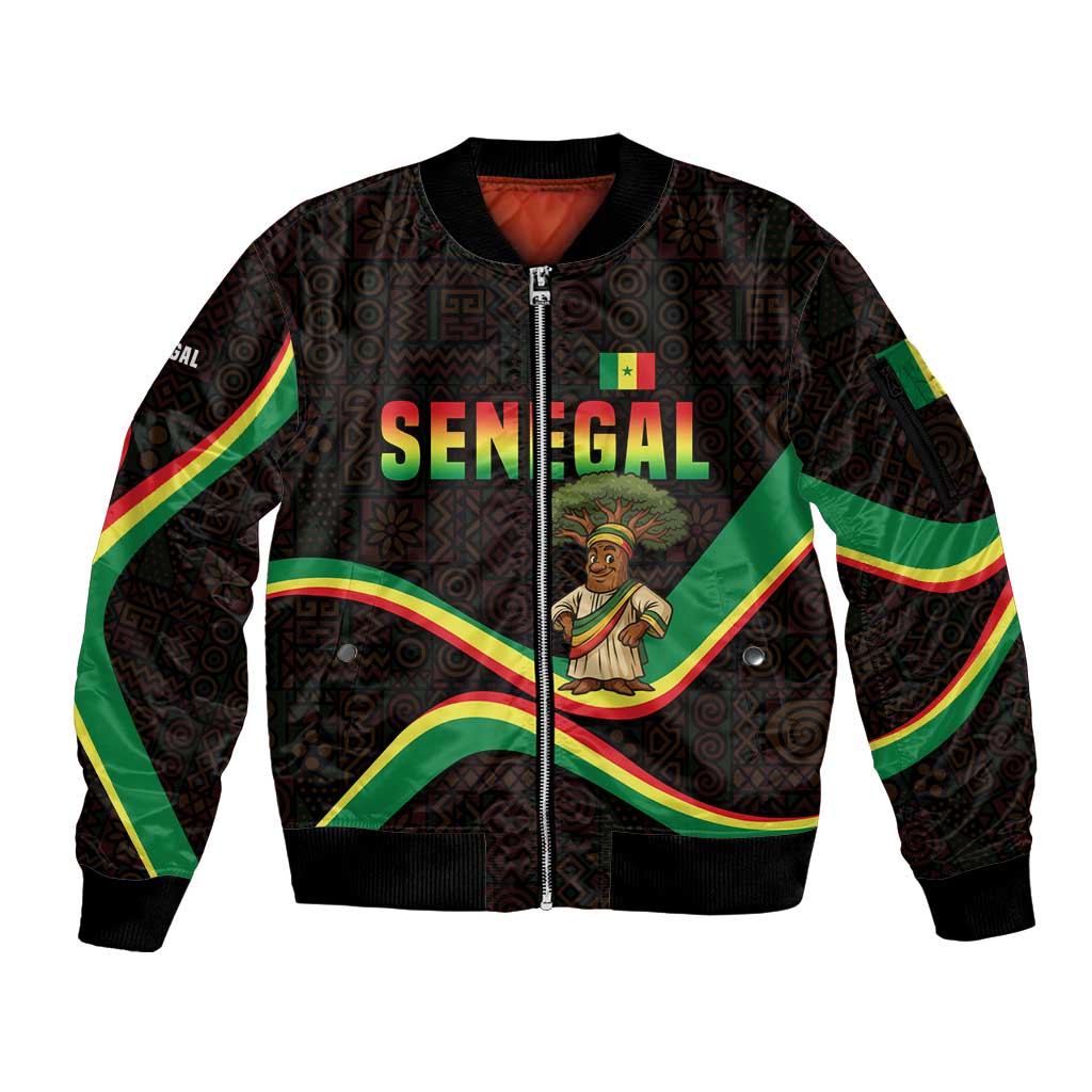 Senegal Tribal Pattern Sleeve Zip Bomber Jacket Baobab Character and Red Yellow Green Flag Theme Design - Wonder Print Shop