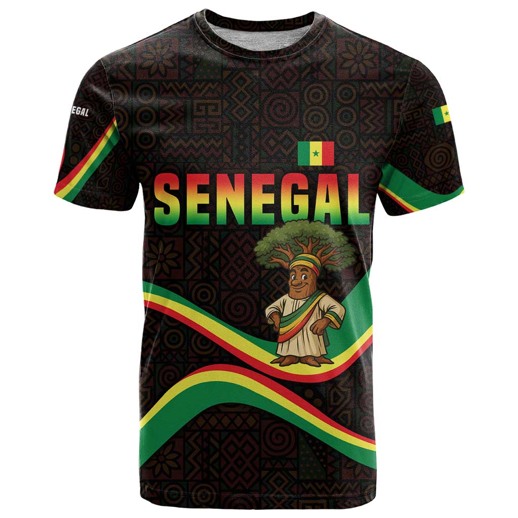 Senegal Tribal Pattern T Shirt Baobab Character and Red Yellow Green Flag Theme Design - Wonder Print Shop