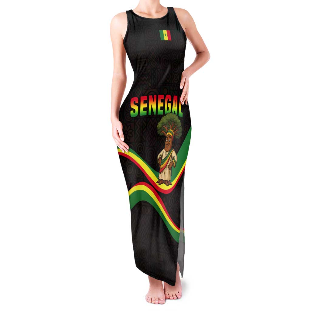 Senegal Tribal Pattern Tank Maxi Dress Baobab Character and Red Yellow Green Flag Theme Design - Wonder Print Shop