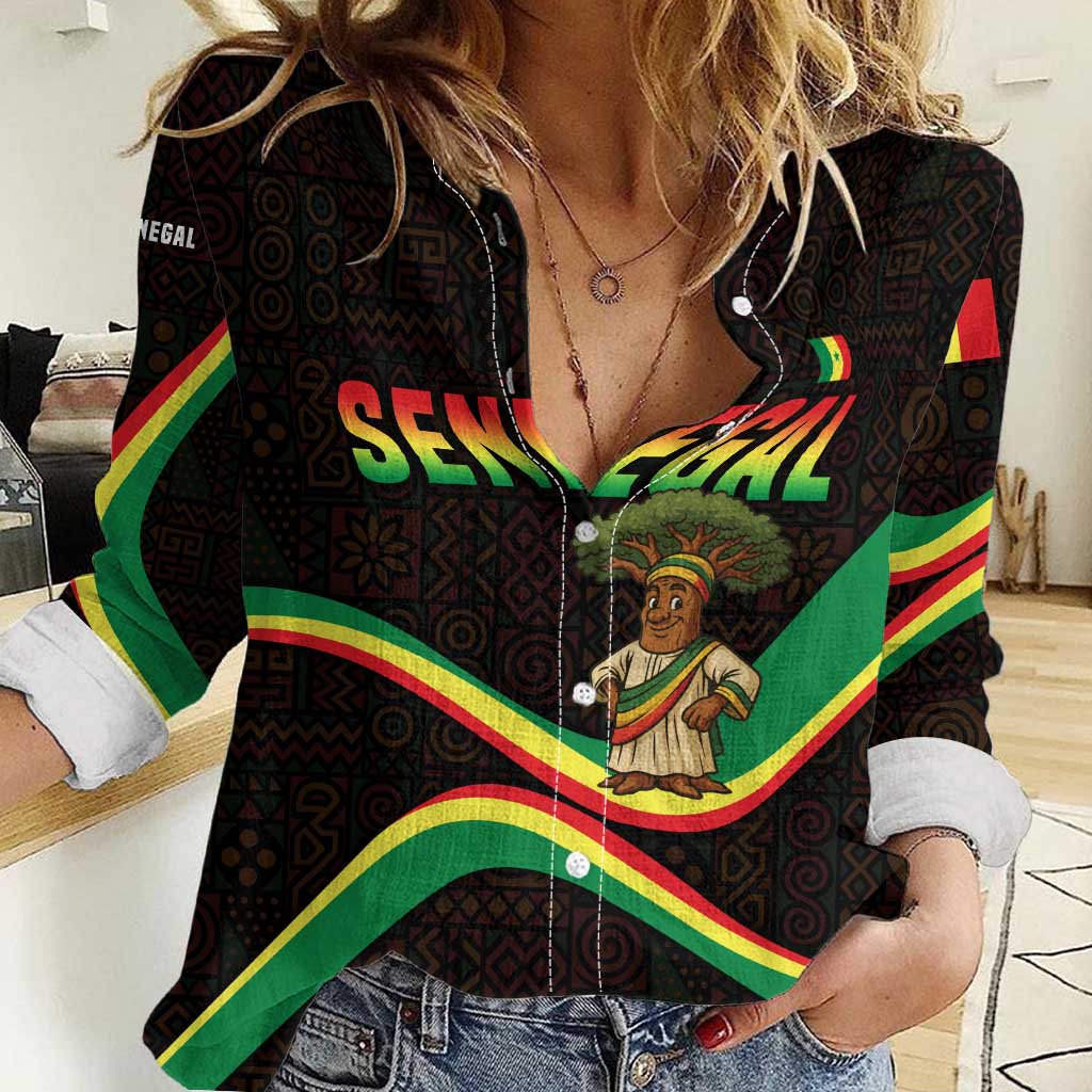 Senegal Tribal Pattern Women Casual Shirt Baobab Character and Red Yellow Green Flag Theme Design - Wonder Print Shop