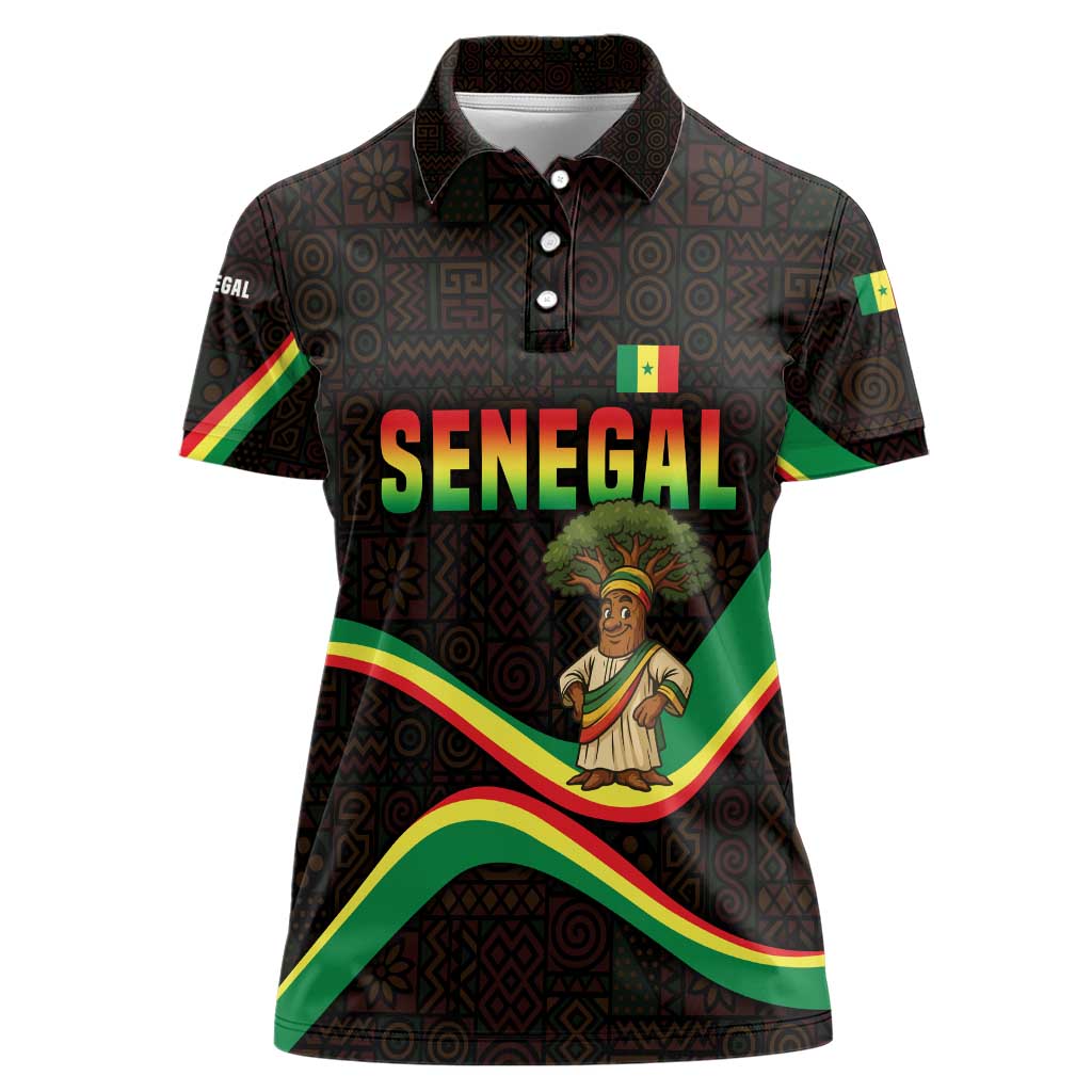 Senegal Tribal Pattern Women Polo Shirt Baobab Character and Red Yellow Green Flag Theme Design - Wonder Print Shop