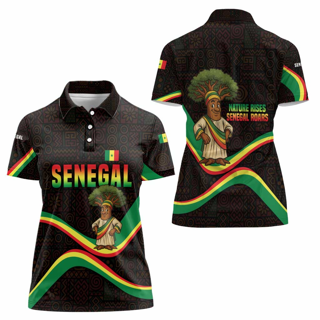 Senegal Tribal Pattern Women Polo Shirt Baobab Character and Red Yellow Green Flag Theme Design - Wonder Print Shop