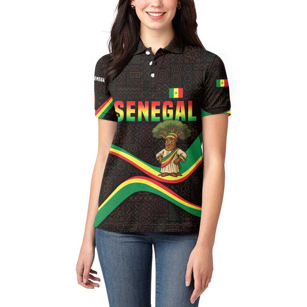 Senegal Tribal Pattern Women Polo Shirt Baobab Character and Red Yellow Green Flag Theme Design - Wonder Print Shop
