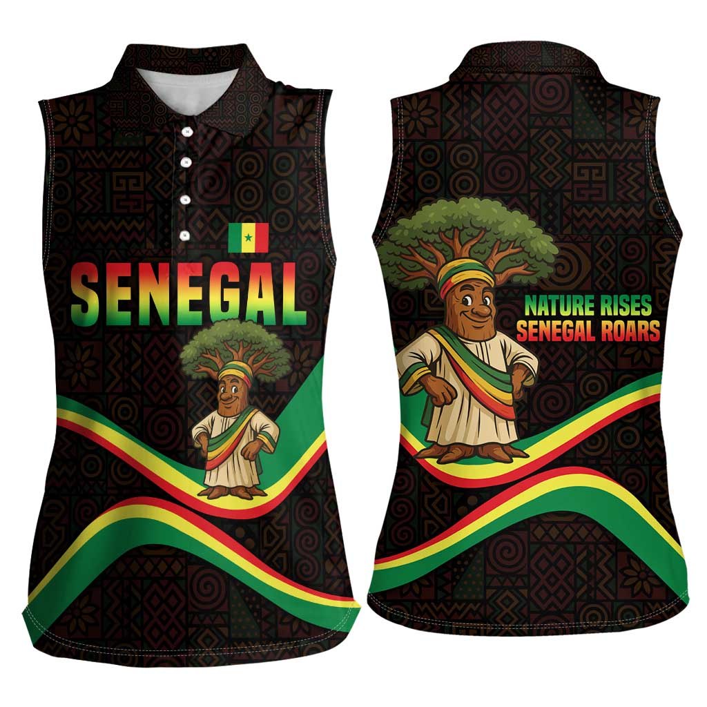 Senegal Tribal Pattern Women Sleeveless Polo Shirt Baobab Character and Red Yellow Green Flag Theme Design - Wonder Print Shop