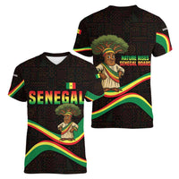Senegal Tribal Pattern Women V-Neck T-Shirt Baobab Character and Red Yellow Green Flag Theme Design - Wonder Print Shop