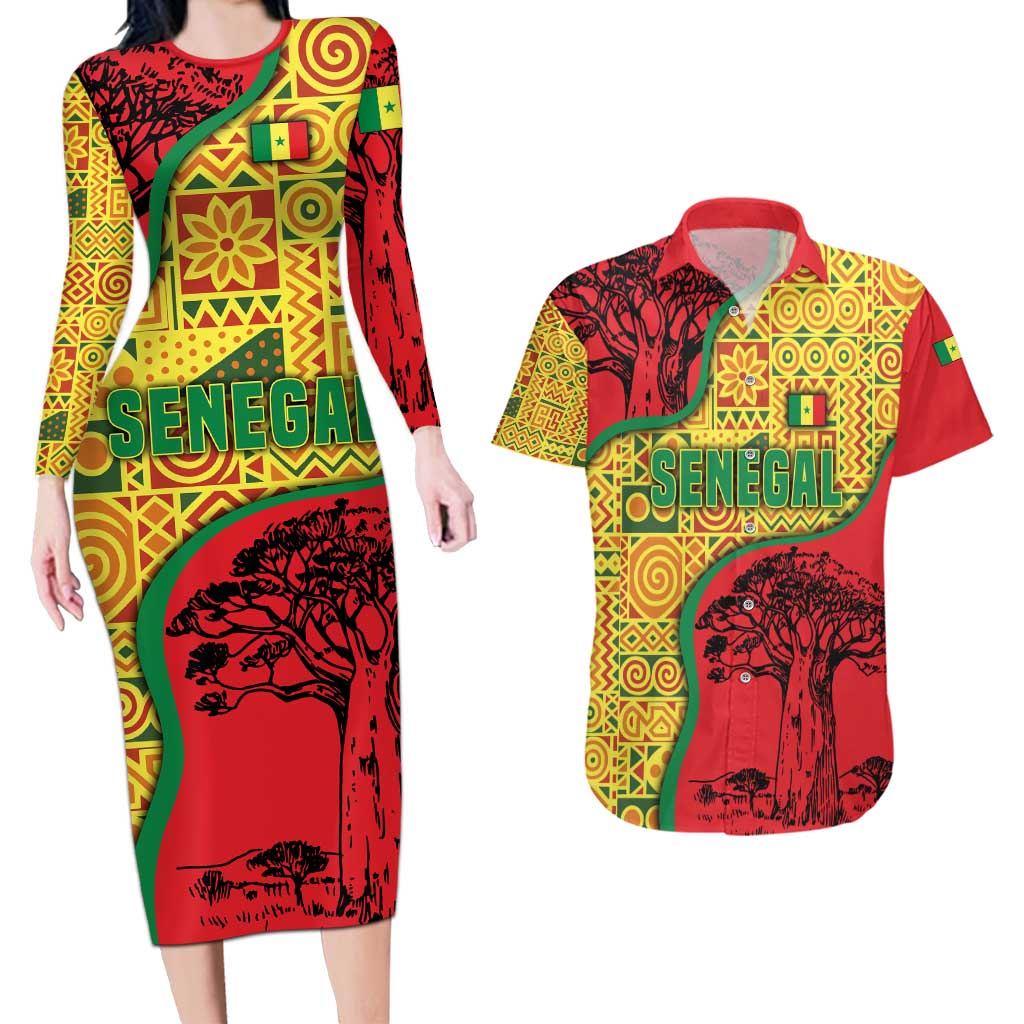 Senegal Couples Matching Long Sleeve Bodycon Dress and Hawaiian Shirt with Baobab Tree and African Tribal Pattern Design - Wonder Print Shop