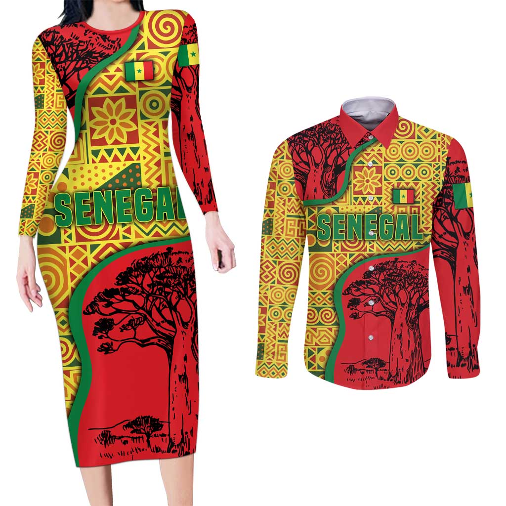 Senegal Couples Matching Long Sleeve Bodycon Dress and Long Sleeve Button Shirt with Baobab Tree and African Tribal Pattern Design - Wonder Print Shop