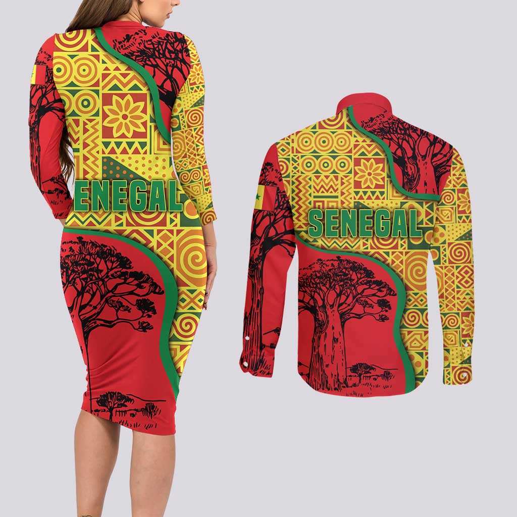 Senegal Couples Matching Long Sleeve Bodycon Dress and Long Sleeve Button Shirt with Baobab Tree and African Tribal Pattern Design - Wonder Print Shop