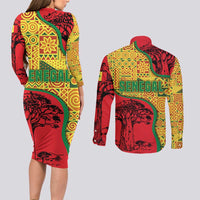 Senegal Couples Matching Long Sleeve Bodycon Dress and Long Sleeve Button Shirt with Baobab Tree and African Tribal Pattern Design - Wonder Print Shop