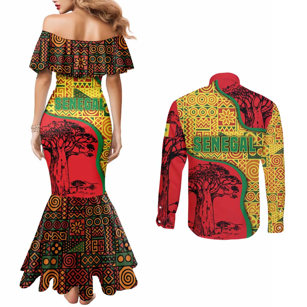 Senegal Couples Matching Mermaid Dress and Long Sleeve Button Shirt with Baobab Tree and African Tribal Pattern Design - Wonder Print Shop
