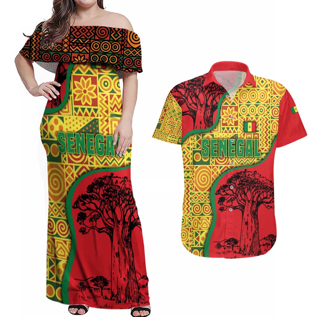 Senegal Couples Matching Off Shoulder Maxi Dress and Hawaiian Shirt with Baobab Tree and African Tribal Pattern Design - Wonder Print Shop