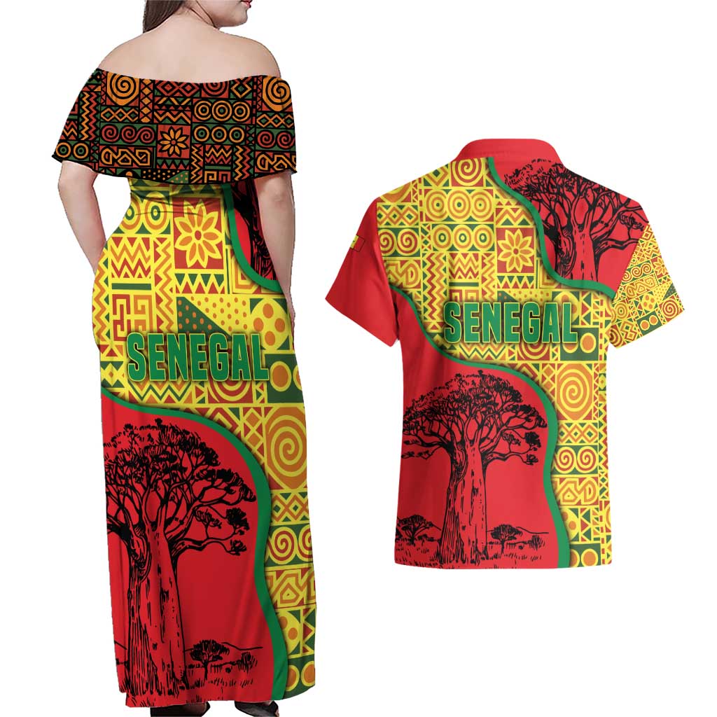 Senegal Couples Matching Off Shoulder Maxi Dress and Hawaiian Shirt with Baobab Tree and African Tribal Pattern Design - Wonder Print Shop