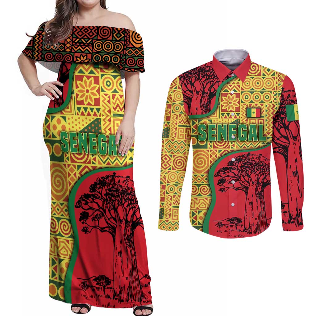 Senegal Couples Matching Off Shoulder Maxi Dress and Long Sleeve Button Shirt with Baobab Tree and African Tribal Pattern Design - Wonder Print Shop