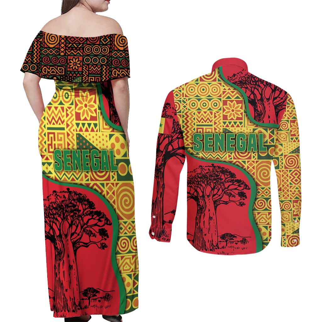 Senegal Couples Matching Off Shoulder Maxi Dress and Long Sleeve Button Shirt with Baobab Tree and African Tribal Pattern Design - Wonder Print Shop