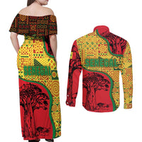 Senegal Couples Matching Off Shoulder Maxi Dress and Long Sleeve Button Shirt with Baobab Tree and African Tribal Pattern Design - Wonder Print Shop