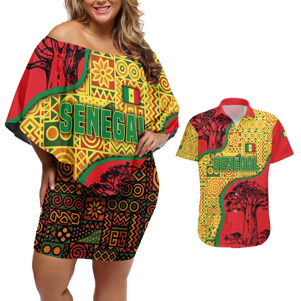 Senegal Couples Matching Off Shoulder Short Dress and Hawaiian Shirt with Baobab Tree and African Tribal Pattern Design - Wonder Print Shop